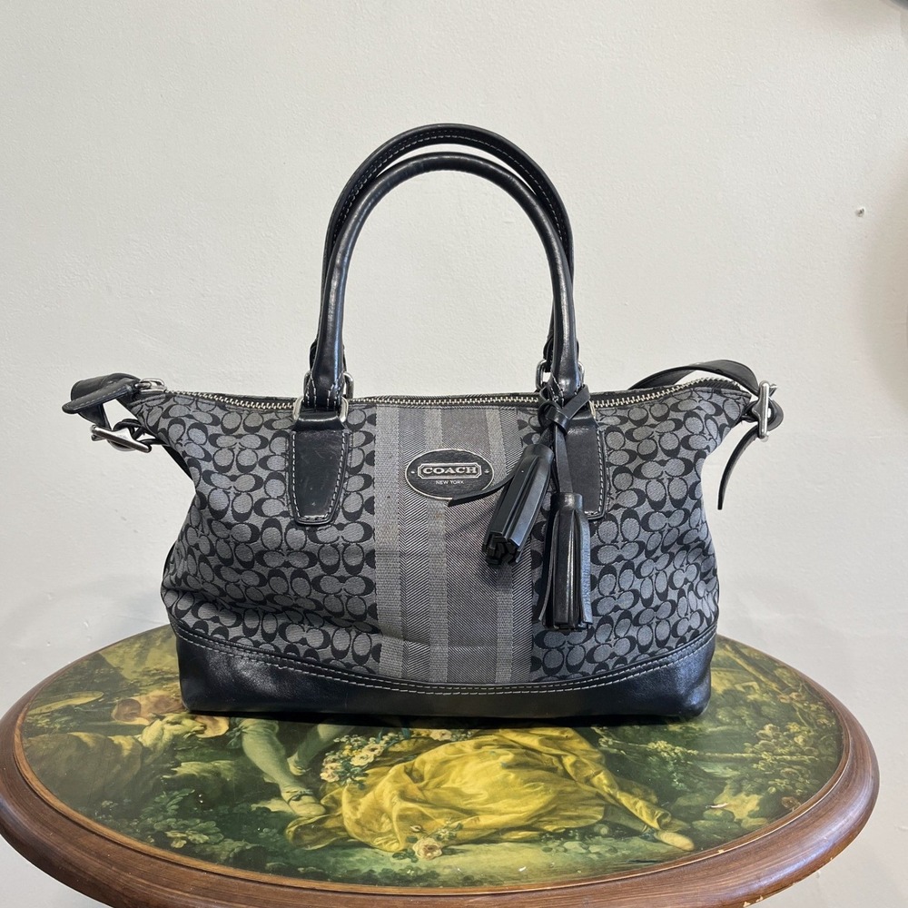 Coach Signature Monogram Satchel Black Grey Leather Trim Shoulder Bag